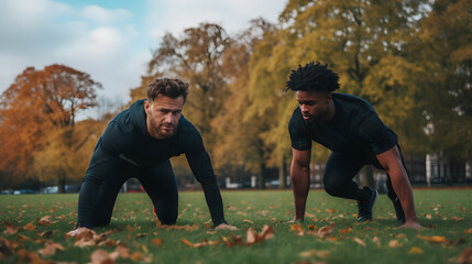 Close up group of fitness sportsmen doing exercises and push ups together open air in a green park...