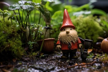  Garden gnome, a statue of a gnome on the lawn in the garden. Flowers.