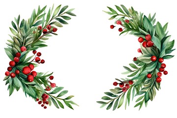 Watercolor Christmas wreath with green fir twigs and red berries. Decorative element isolated on white background. Xmas and New Year card. Winter holiday invitation card, print, banner with copy space