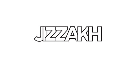 Jizzakh in the Uzbekistan emblem. The design features a geometric style, vector illustration with bold typography in a modern font. The graphic slogan lettering.