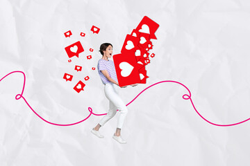 Photo sketch collage picture of funky impressed lady carrying valentine day hearts pile isolated...
