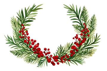 Watercolor Christmas wreath with green fir twigs and red berries. Decorative element isolated on white background. Xmas and New Year card. Winter holiday invitation card, print, banner with copy space