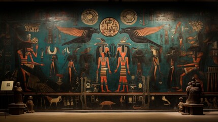 an intricate mural showcasing the mythology of the Egyptian gods - obrazy, fototapety, plakaty
