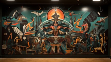 an intricate mural showcasing the mythology of the Egyptian gods