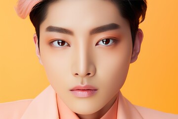 Handsome Asian Man On Peach Color Background - obrazy, fototapety, plakaty