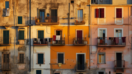 Fototapeta premium A view of slightly older, colorful houses on a narrow street in Europe with warm sunlight shining through them.