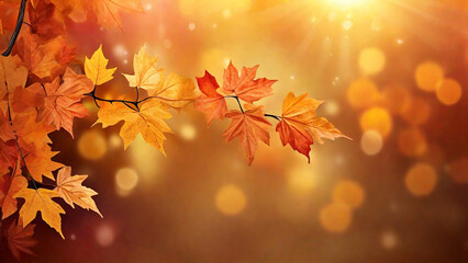 Naklejka na ściany i meble Abstract autumn nature background, with leaves, glowing sun and warm seasonal colors
