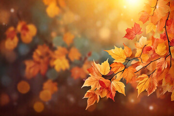 Naklejka na ściany i meble Autumn leaves on bokeh background. Autumn background with copy space