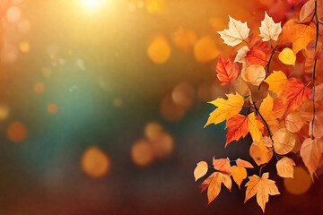 Autumn background with colorful leaves and bokeh defocused lights