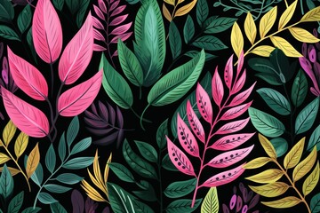 Modern exotic foliage botanical tropical leaves and floral pattern. Abstract jungle nature background. Contemporary cartoon style. Design for print, poster, banner, wallpaper, textile