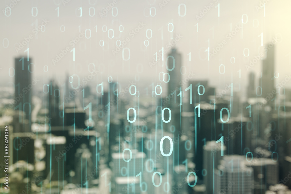 Poster abstract virtual binary code hologram on blurry skyscrapers background, ai and machine learning conc