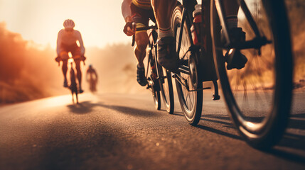 Close up group of cyclists with professional racing sports gear riding on an open road cycling route - obrazy, fototapety, plakaty