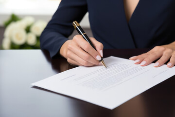 Woman Signing Prenuptial Agreement. Сoncept Legal Contracts, Marriage Documents, Financial Agreements, Relationship Boundaries, Preparing For Marriage