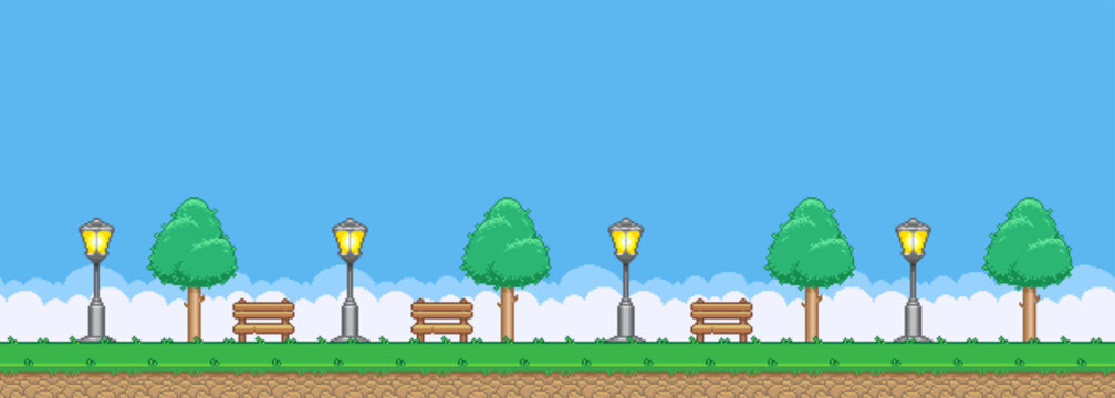 8bit colorful simple vector pixel art horizontal illustration of the cartoon park with benches, deciduous trees and street lamps in retro video game platformer level style