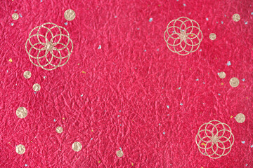 正月イメージ　菊模様と水玉模様の和紙のデザイン（金色の模様とピンク系の赤の和紙の背景）