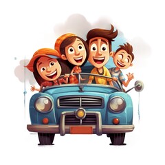 Obraz na płótnie Canvas Cartoon car with a happy family inside ready for travel. AI generate illustration