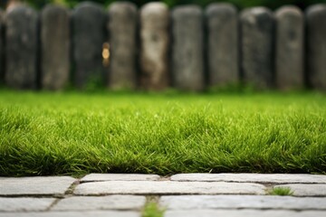 A green lawn, grass, a path made of stones.