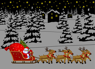 Christmas and New Year poster and page template with Santa Claus in a reindeer sleigh against a night winter landscape background. Vector illustration.