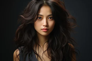 Tuinposter Portrait of beautiful young asian woman with wavy hair on dark background. © Synthetica