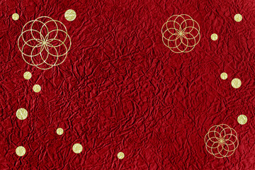 正月イメージ　菊模様と水玉模様の和紙のデザイン（金色の模様とワインレッドの和紙の背景）