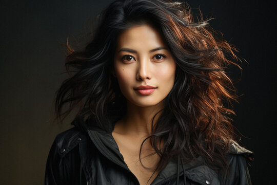 Beautiful young asian woman with flying hair on black background.