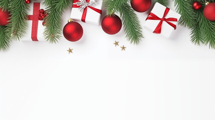 Christmas background with Christmas tree baubles and gifts and blank space for text