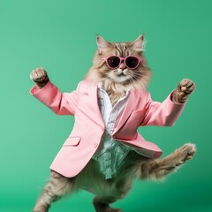 A happy cat wearing sunglasses and colorful suit dancing on plain green studio background. Fun Party concept. Generative AI image.