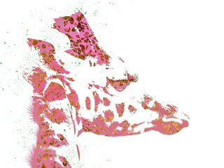 Colorful giraffe illustration, head and neck in multi color, isolated against a light background.