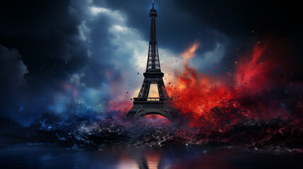 Eiffel tower in fire and smoke on a dark background.