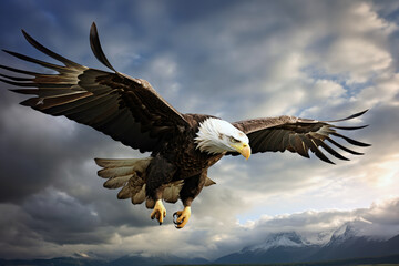 Bald Eagle Soaring With Wide Spread Wings Cloud Background Photorealism. Сoncept Minimalistic Landscape, Golden Hour Sunset, City Skylines At Night, Beachside Retreat