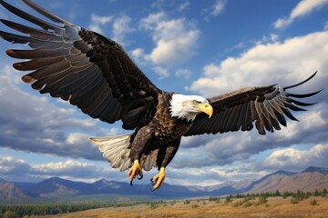 Obraz premium Bald Eagle Soaring With Wide Spread Wings Cloud Background Photorealism