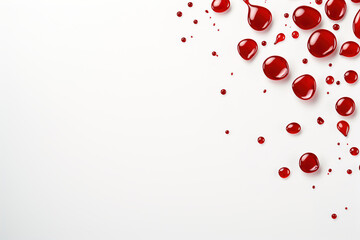 Red drops of blood on a white background with copy space, top view