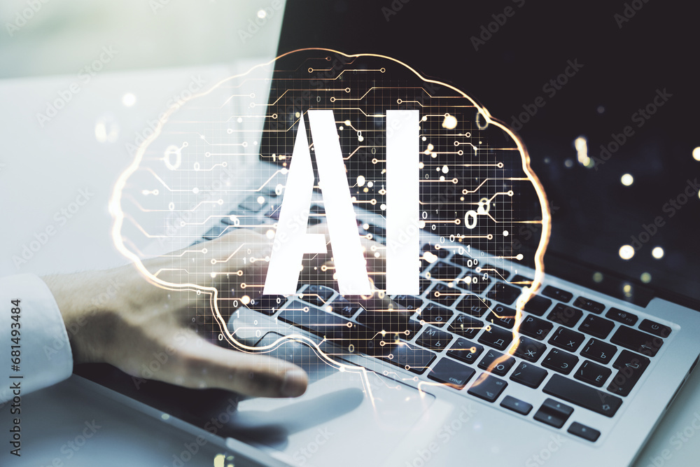 Aufkleber double exposure of creative artificial intelligence symbol with hands typing on laptop on background