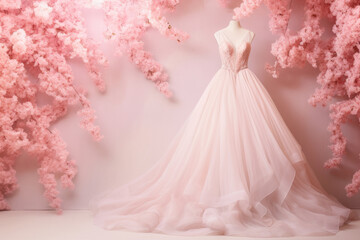 Wedding dress store decorated with flowers. Elegant pink wedding dress on a hanger in the room. Generative AI