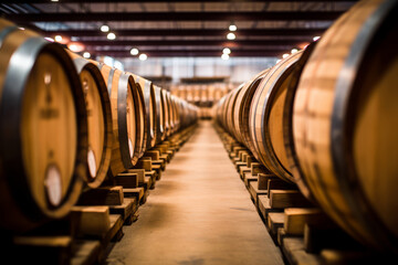 Wooden oak port barrels in neat rows. Wine barrels in a old dark wine cellar. Generative AI