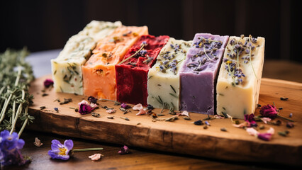 Display of scented handmade soaps in various colors listed for sale - obrazy, fototapety, plakaty