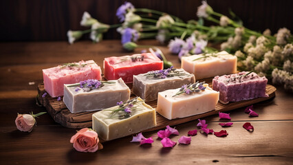 Display of scented handmade soaps in various colors listed for sale