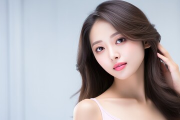 Naklejka premium Beautiful Asian Girl On Pale Gray Color Background Copy Space