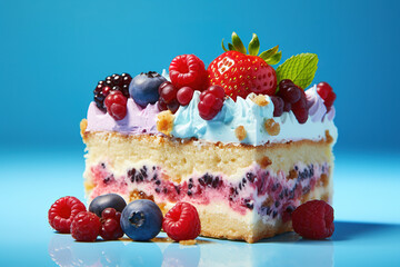 Slice of cake with berries on a blue background