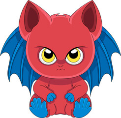 cartoon logo of a cute red devil with blue wings with an angry face