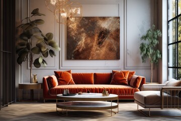 Interior of modern living room with orange sofa, coffee table and plant. Elegant Luxury Interior of Living Room of a Rich House.
