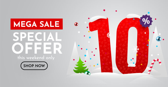 10 percent Off. Discount creative composition. Merry Christmas and Happy New Year. Sale banner and poster.