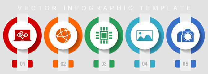 Computer and technology flat design icon set, miscellaneous icons such as laptop, network, chip, image and photo camera, vector infographic template, web buttons collection