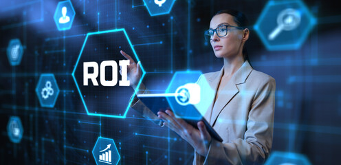 ROI Return on investment. Woman using augmented reality virtual screen.