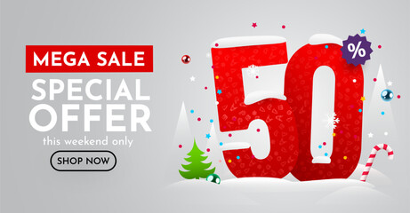 50 percent Off. Discount creative composition. Merry Christmas and Happy New Year. Sale banner and poster. - obrazy, fototapety, plakaty