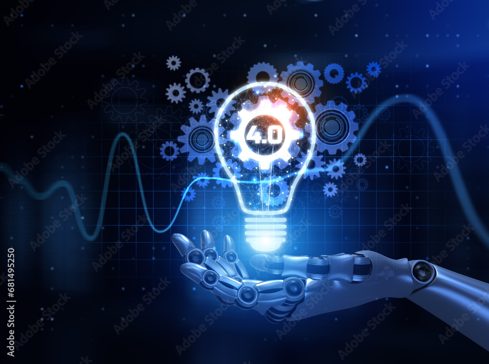 Poster industry 4.0 smart manufacturing lean business innovation technology concept. robot hand pressing bu
