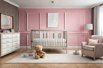 Baby room with crib and decoration in shades of pink. Created with generative Ai technology.