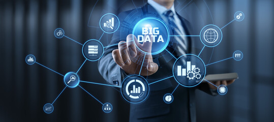 Big Data Analysis Analytics internet technology concept. Businessman pressing button on screen.