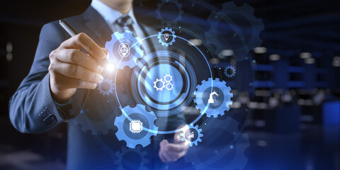 Gears icons business process automation innovation technology concept. Businessman pressing button...