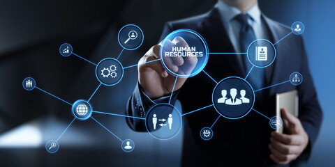 HR Human resources management Recruitment Headhunting. Businessman pressing button on screen.